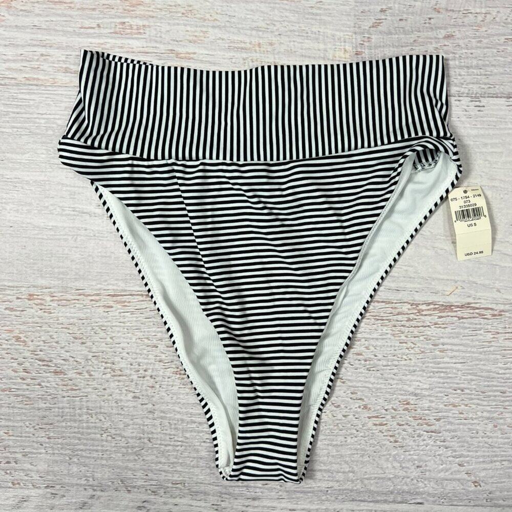 NEW Aerie High Cut Cheeky Bikini Bottom Size S Black White Stripe NWT